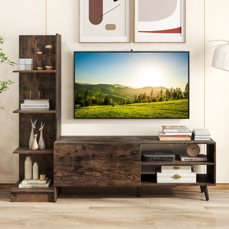 Meuble TV pour Télé jusqu'à 50 Pouces Centre de Divertissement avec Bibliothèque et Étagère Réglable Console Multimédia pour Salon Brun (1/5)