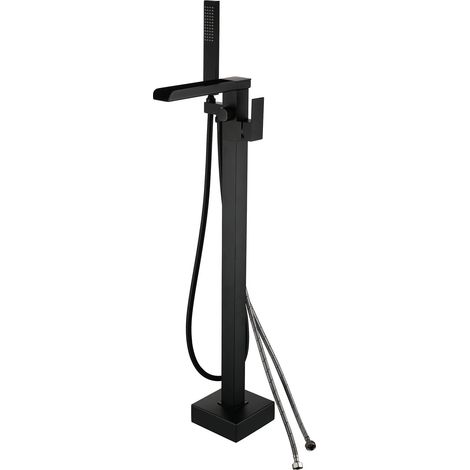 Robinet De Baignoire Avec Douchette noir Cascade Baignoire Robinet Mitigeur Au Sol Autoportant Melangeur Baignoire Îlot Sur Pied Avec Poignée noir (noir-B) (1/5)