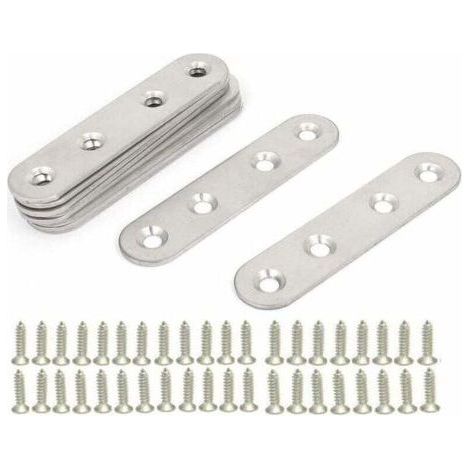 Stainless Steel Flat Brackets, 10 Pieces Metal Assembly Legs, Flat Straight Fixing Brackets, Metal Plates Flat Corner Brackets, with 40 Screws, for Repair Connection Furniture Fixings (1/4)