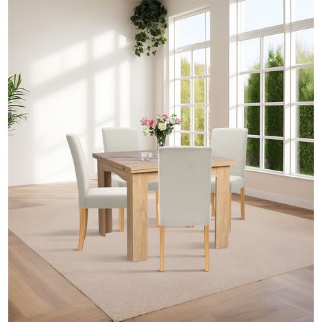 Hallowood Furniture Newquay Oak Flip Top Dining Table and Chairs Set 4, Folding or Extending Kitchen Table and Chairs in Straight Back and Upholstered Beige Fabric for Home and Café (1/5)