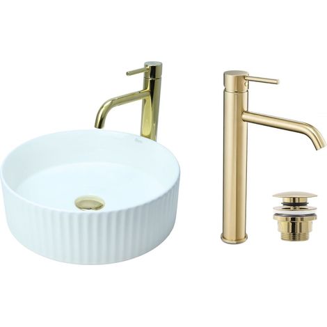 GTM Design Aufsatzwaschbecken 36 cm Glanz Set mit Waschtischbatterie und Stopfen - Aufsatzwaschbecken Oval für Badezimmer - Modernes Waschbecken ohne Hahnloch - Waschbecken mit Armature (1/5)