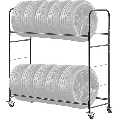 Étagère à Pneus Capacité 12PCs, Support de Rangement pour Pneus à 2 Niveaux, Chariot pour Pneus en Acier Robuste, Charge 180 kg, Hauteur Réglable, avec Housse de Protection, pour Atelier Garage (1/5)