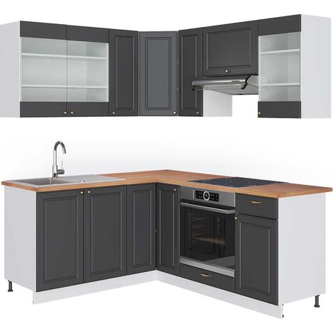 Cucina angolare completa Fame-Line, Antracite-oro/Bianco, 190 x 160 cm, PL Rovere, Vicco