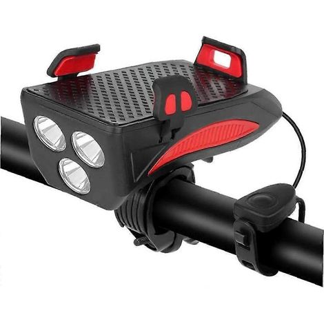 4-in-1 Fahrradlicht mit Hupe, Handy-Ladegerät, Akku, Lenkerlicht mit 3 Leuchtmodi und 5 Tönen (rot und schwarz) (1 Stück) ( )