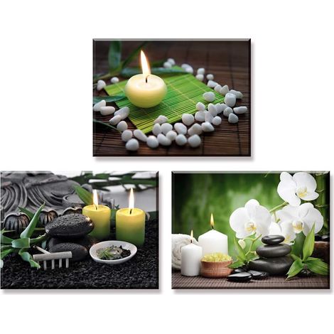 Tableau Artistique Moderne SPA Bougie En Pierre Zen Relax Impression Giclée sur Toile Tendue sur Châssis en Bois Prêt à Accrocher Déco d'art Murale pour Salle de bain Cadeau 3X 30x40cm (1/5)