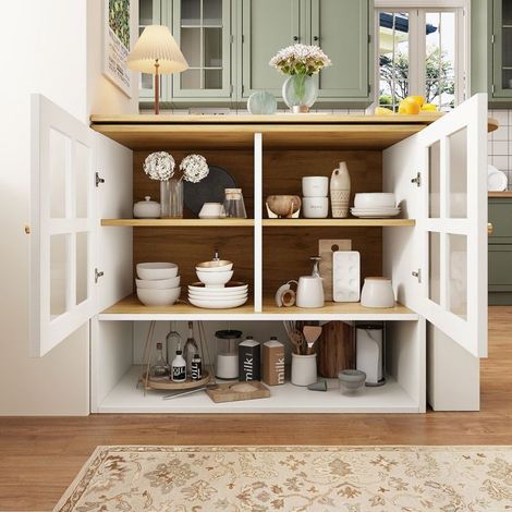 Desserte de cuisine - SOGEU - Extensible 138–204 cm - Plateau pivotant 360° - Portes vitrées - 5 étagères MDF blanc (1/5)