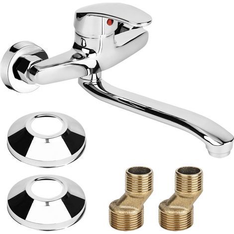 Einhebel-Warm- und Kaltwasserarmatur – 360° drehbare Küchenarmatur – Wandmontage – 24 cm Schwenkarm – Chrom (1/5)