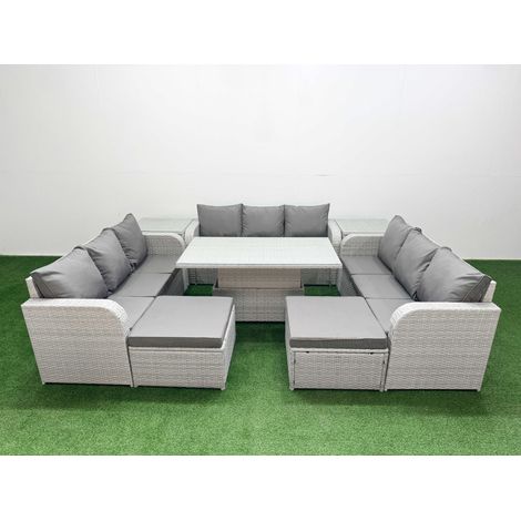 Fimous PE Rattan Lounge Sofa Set 11 Seater Outdoor Garden Furniture Set with Adjustable Lifting Dining or Coffee Table 3 Seater Sofa 2 Big Footstools 2 Side Table Light Grey (1/5)