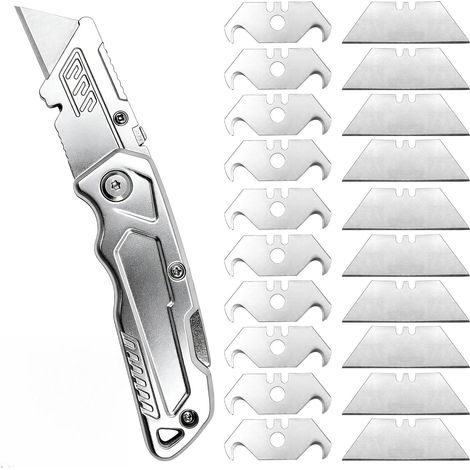 Cutter Pliable en Aluminium, Cutter Lame Crochet pour Moquette et PVC, Verrouillage Latéral, Clip de Poche, 10 Lames Trapézoïdales + 10 Lames à Crochet, Argenté (1/5)