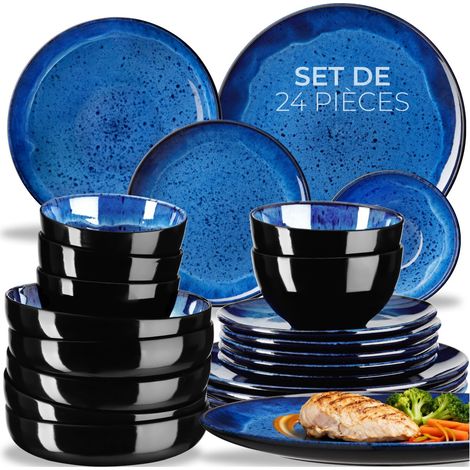 Set de vaisselle 24 pièces en faïence 6 personnes fait main bleu