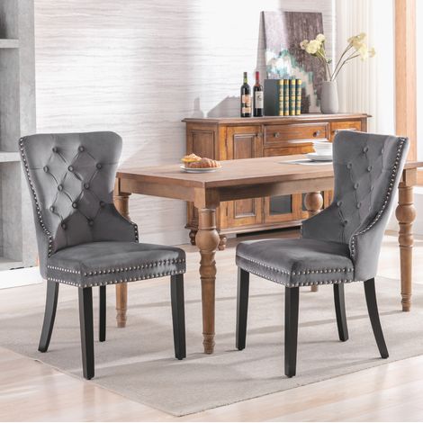 Lot de 2 chaises de salle à manger en velours gris, dossier capitonné, piètement en bois, style élégant pour salon et chambre - CHICFURN (1/5)