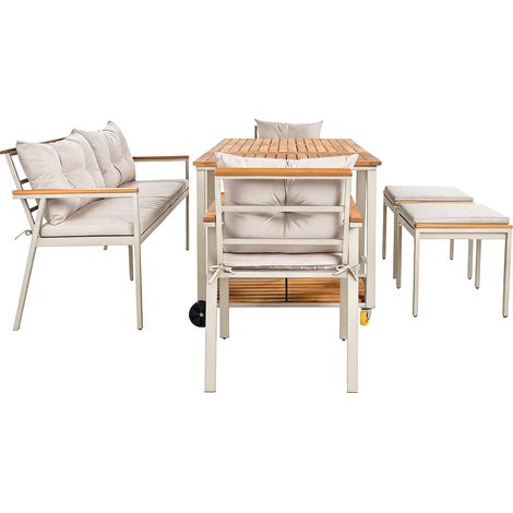 Ensemble table et chaises de jardin en bois d’acacia, mobilier de jardin, ensemble repas de jardin 6-7 places avec fauteuils et chariot de service amovible, housse en tissu amovible et lavable (1/5)