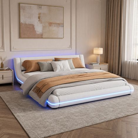 MEUBLIV Cama 160x200 cm blanca con LED ambiental y cabecero, sin colchón (1/5)