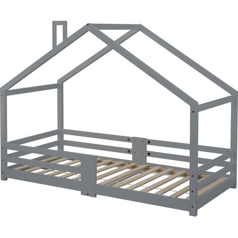 Lit cabane pour enfants avec cheminée, barrière antichute, sommiers à lattes robustes en bois de pin, 90 x 200 cm sans matelas, gris (1/5)