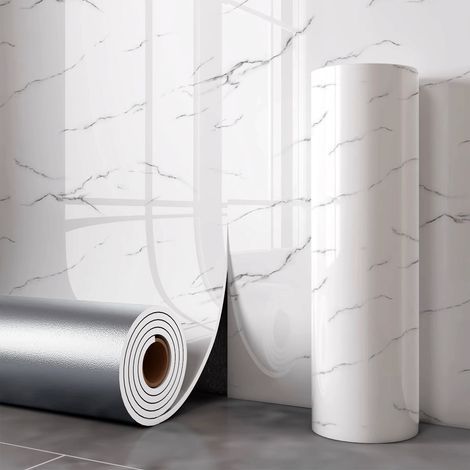 Dekorative Tapete in Marmoroptik, wasserfeste PVC-Wandfliese, 60 cm x 3 m, geeignet für Wohnzimmer und Badezimmer, weiß. (1/5)