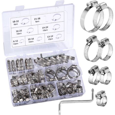 Collier de Serrage Réglables,Colliers de serrage en acier inoxydable,Tuyau Clips, 73 Pièces 7 Tailles 6-38mm Tuyau Clips Réglable,pour tuyau d'eau, plomberie, automobile et mécanique (1/5)