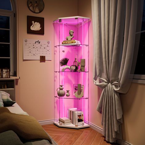 LED-Vitrine, Eckvitrine 162 cm mit 4 Glasböden, LED Beleuchtung, Fünfeck Design, Sammlervitrine, Weiß