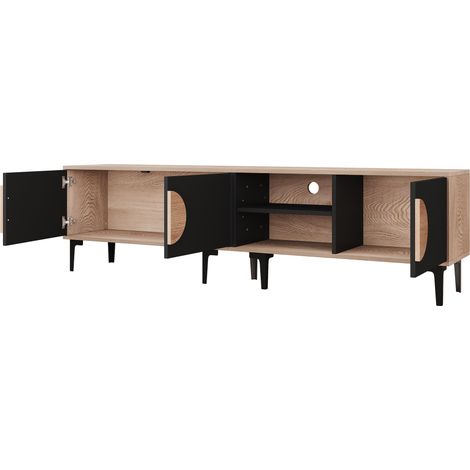 Mobile TV basso 180x35x49 cm con 3 armadietti e 2 vani aperti, legno nero (1/5)