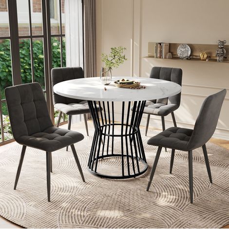 Conjunto de comedor 5 piezas de MDF y metal multicolor, 4 plazas, mesa redonda efecto mármol con sillas de terciopelo (1/5)