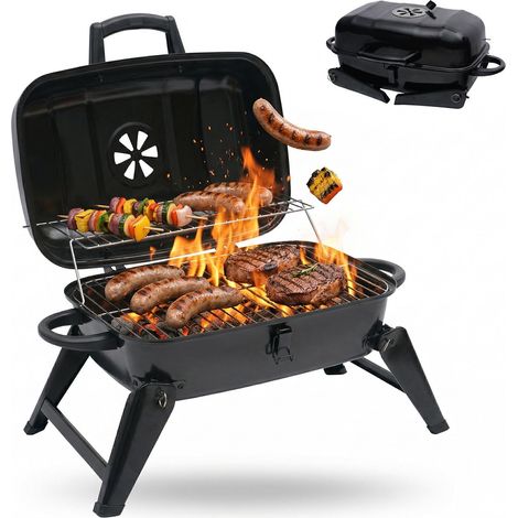 Relaxdays griglia tavolo pieghevole portatile 34x59x36 cm, scaldavivande, ventilazione, barbecue carbone, acciaio nero