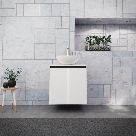 Inda - Badezimmerschrank B.60 mit Aufsatzwaschbecken / Mattweiß 2 Türen - Saphir