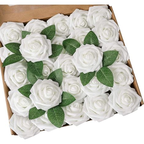 Paquete de 25 rosas artificiales realistas con tallo para ramos de boda, centros de mesa, fiesta nupcial, decoración del hogar (blanco, 25 unidades) (1/5)