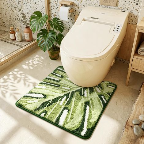 Tapis de toilette en forme de U avec feuille mignonne, tapis de douche doux et absorbant antidérapant, tapis de salle de bain en peluche extra doux, paillasson décoratif floral pour salle de bain, cui (1/5)
