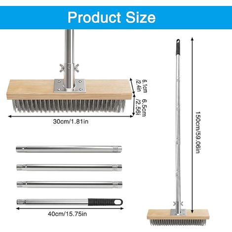 Balai à fil avec manche, balai en fil d'acier avec manche télescopique, balai métallique de 30 cm avec manche, brosse métallique, balai en métal (1/4)