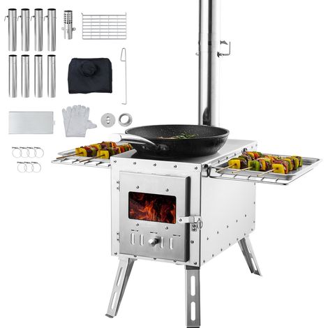 Poêle à bois, 218,4 cm, poêle de tente de camping en acier inoxydable portable avec 8 tuyaux de cheminée et gants, poêle de tente chaude pour cuisine et chauffage en plein air (1/5)