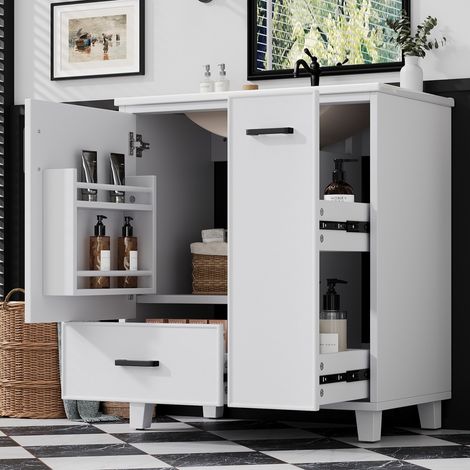 Mobile lavabo 76.5x47x82 cm, lavabo integrato, 2 cassetti e anta con ripiani interni, MDF e ceramica, bianco (1/5)