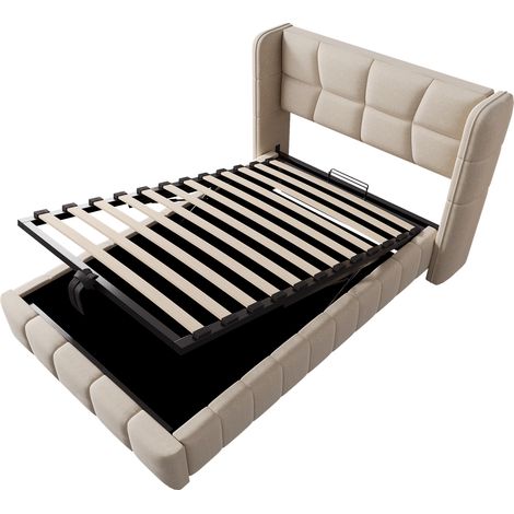 Lit rembourré 90 x 200 cm, lit enfant avec sommier à lattes, tête de lit et système de rangement pneumatique, cadre en lin, adapté aux enfants et aux adolescents, beige (1/5)