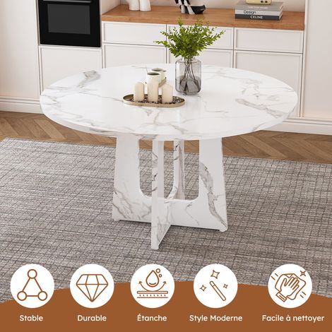Table ronde extensible 120 cm diamètre, hauteur 76 cm, en MDF finition blanc marbre imitation, assise confortable pour 4 convives – idéale salle à manger, cuisine et séjour (1/5)