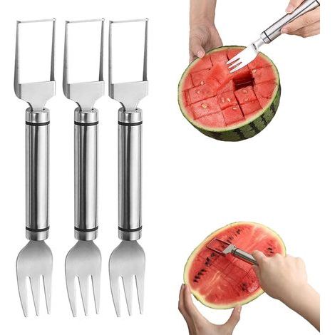 Lot de 3 fourchettes à pastèque 2 en 1, coupe-pastèque, couteau à fruits à double tête en acier inoxydable pour les fêtes de famille (1/5)