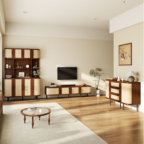 Set da 3 mobili soggiorno con mobile TV, credenza e mobile alto in MDF color legno scuro, frontali effetto intrecciato e piedini in metallo – FLORAGRACE (1/5)