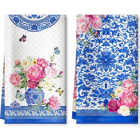 Torchons De Cuisine Microfibre Vaisselle Lot de 2, Serviettes de Cuisine Torchon Vaisselle, Doux et Super Absorbant Accroche Très Serviettes de Bar 40 x 60CM Porcelaine De Style Chinois Fleur (1/5)
