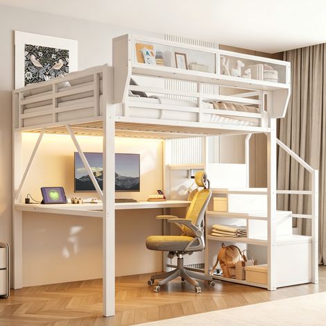 Lit mezzanine 140x200 cm en métal lit surélevé avec LED, lit combiné avec long bureau, échelle sécurisée et rangement modulable, blanc (1/5)