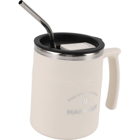 Großer, auslaufsicherer Edelstahl-Kaffeebecher, Set aus zwei Wasserbechern mit Deckel und Strohhalm für Büro, Reisen und Zuhause, weiß. (1/5)