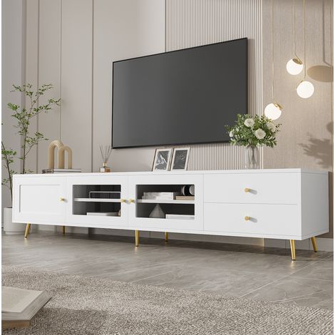 Meuble TV 170x40x28 cm avec 2 tiroirs, 2 portes vitrées et 1 porte, grand rangement, blanc, panneau de particules (1/5)