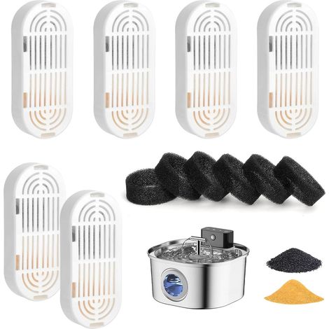 6 Katzenbrunnenfilter und 6 Ersatzschwämme für Katzenbrunnen aus Edelstahl, Mehrfachfiltration mit Aktivkohle und Harz – für Katzenbrunnenfilter aus Edelstahl (1/5)