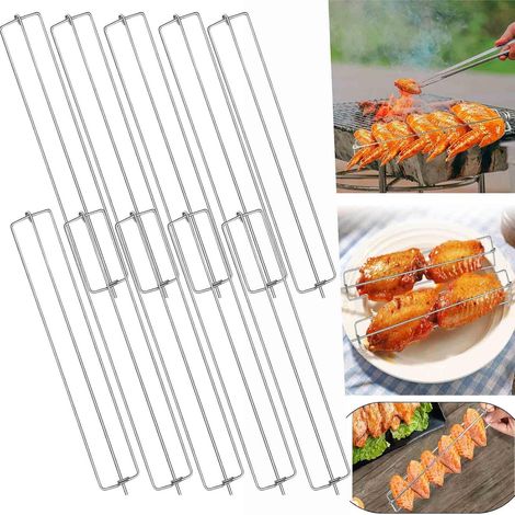 10 supports à ailes de poulet pour barbecue - Fourchettes à ailes de poulet pour barbecue - Supports à ailes en acier inoxydable à fixation par pince - Ensemble d'ustensiles plats pour barbecue et piq (1/4)