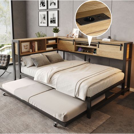 Letto in metallo 120 x 200 cm con letto estraibile 90 x 190 cm e testiera contenitore (1/5)