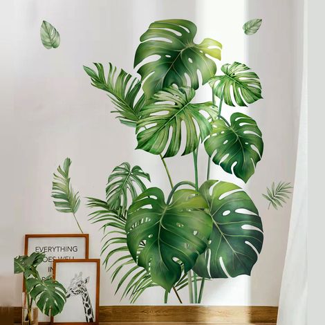 Fuleadture 2 Planches de stickers muraux « Feuilles tropicales vertes » – Stickers autocollants en PVC – Idéal pour chambre, salon, toilettes, salle de bain, entrée, décoration murale et décoration d'