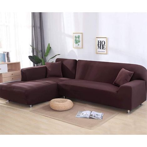 Soft, non-slip polyester fabric sofa cover for L-shaped sofas. 2-piece sofa cover for L-shaped sectional sofas (3+4 seater). Brown. (1/5)