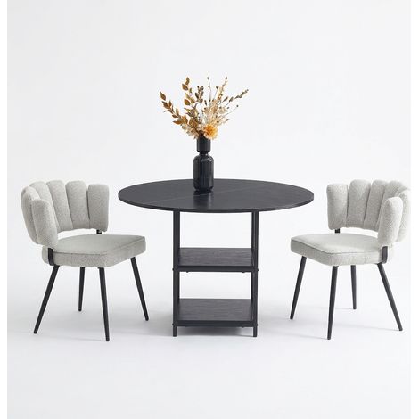 Ensemble table à manger ronde avec 2 chaises, diamètre 107 cm, double rangement, MDF et métal noir, tissu gris clair (1/5)