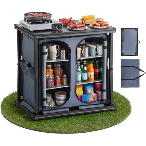Cuisine de Camping Pliable Armoire de Camping Portable en Aluminium, Pour Barbecue, Meuble de Rangement Pliant avec 6 Étagères et Sac de Transport, Table de Pique Nique à Grand Plan de Travail