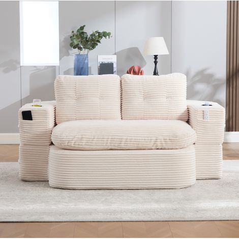 2 in 1 Schlafsessel, zur Relaxliege umwandelbar, hohe Rückenlehne, Getränkehalter und Seitentaschen, Cord beige (1/5)