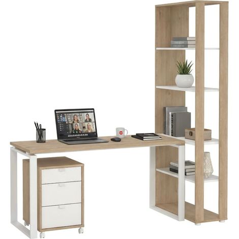 Dmora - Schreibtisch Severine, Mehrzweckschreibtisch, Bürotisch für PC, Eckschreibtisch, 184x80 h205 cm, Eiche und Weiß
