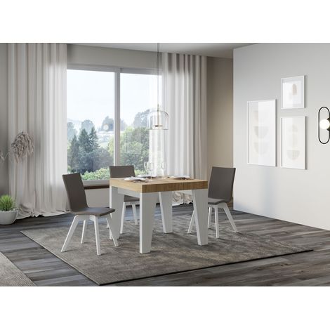 Petite table carrée extensible bois blanc et chêne naturel 90 à 246cm Nako-Support 4 pieds (1/5)