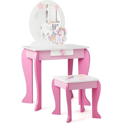 GOPLUS Coiffeuse Enfant Motif Licorne-49X34X89,5CM-Table de Maquillage avec Tabouret/Miroir Detachable,Cadeau Parfait pour Enfants-Rose (1/5)