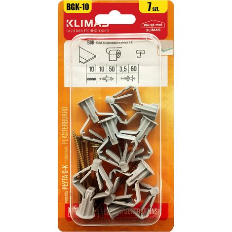 Chevilles Jolka Klimas Pour Plaques De Platre, 10 x 50 Avec Vis 3,5 x 60, Type Parapluie, Blister De 7